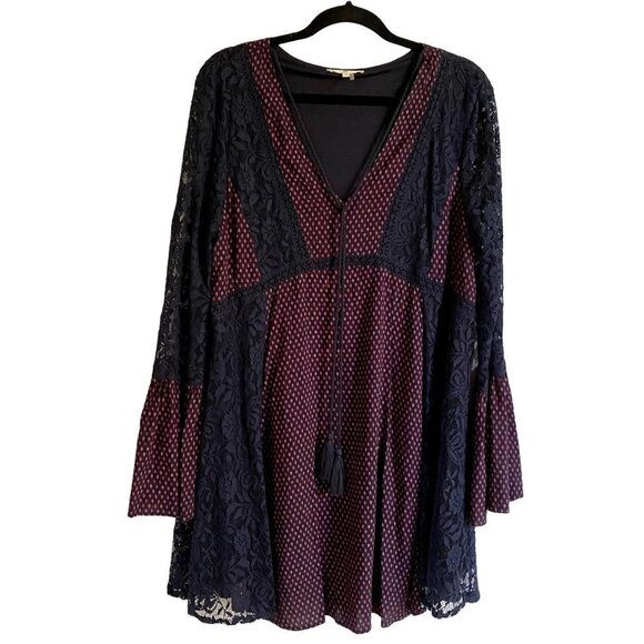 Entro Boho Tunic Dress with Lace Crochet, Tassels and Bell Sleeves Medium - Picture 7 of 12